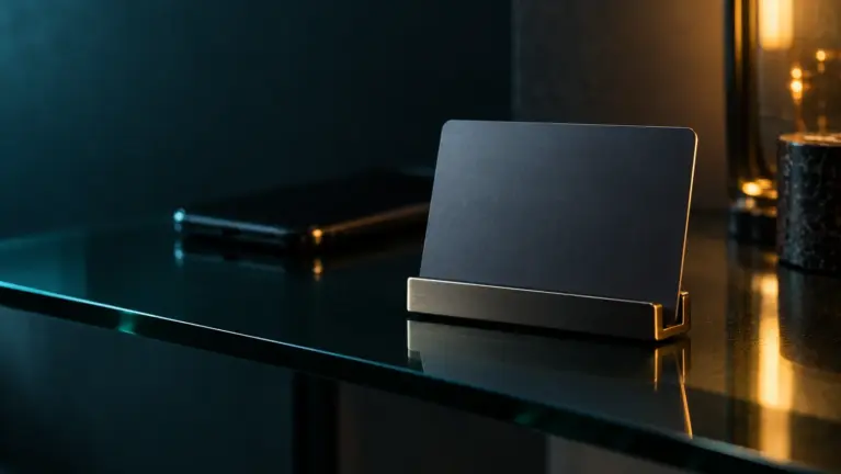 A blank matte prepaid card standing in a slim metal holder on a dark glass shelf, a smartphone blurred behind it in teal light