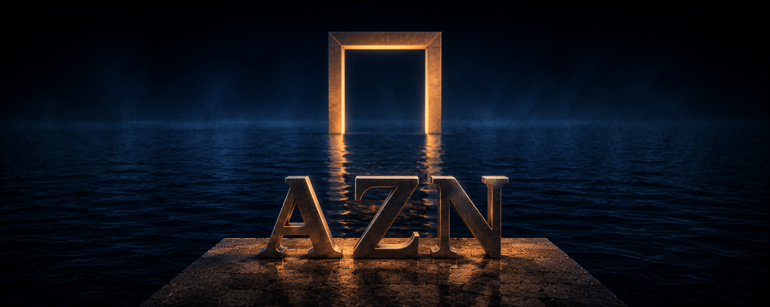 A freshly built steel gateway frame standing alone in open water with no land around it, the AZN letterforms watching from a concrete ledge