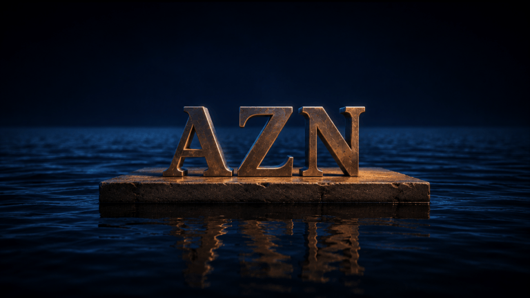 Sculpted steel letters spelling AZN on a bare concrete platform rising just clear of dark still water stretching empty to the horizon