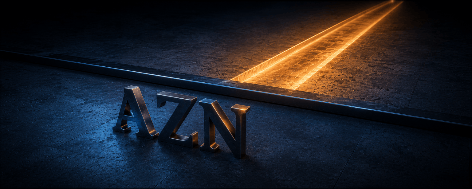 A single amber channel running outward across a raised steel threshold and away past the frame, with the near side bare and the AZN letterforms standing on it