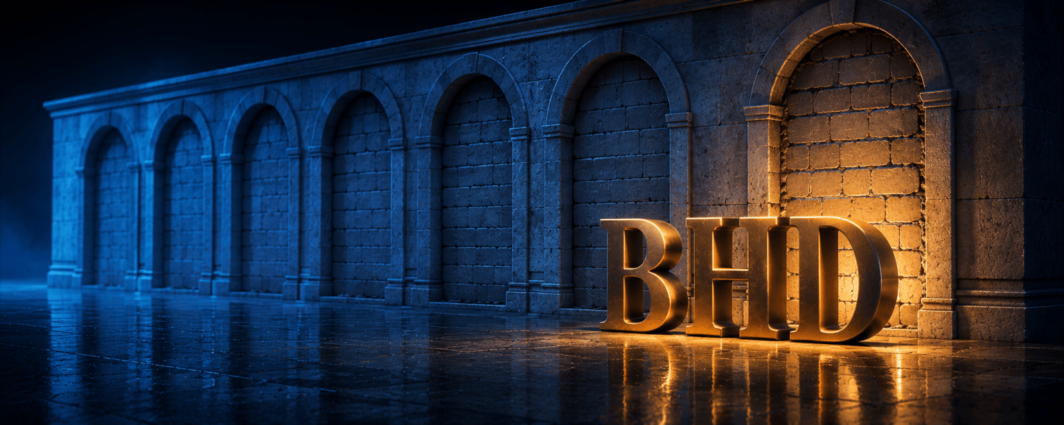 A row of small archways all sealed solid with stone, the last one showing fresh mortar, with the BHD letterforms standing in front of it