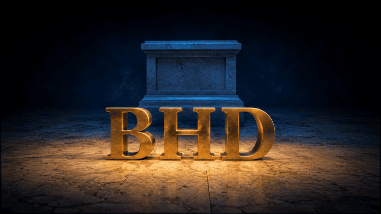 Sculpted brass letters spelling BHD lit amber on pale limestone, with a completely bare stone pedestal standing behind them in blue shadow