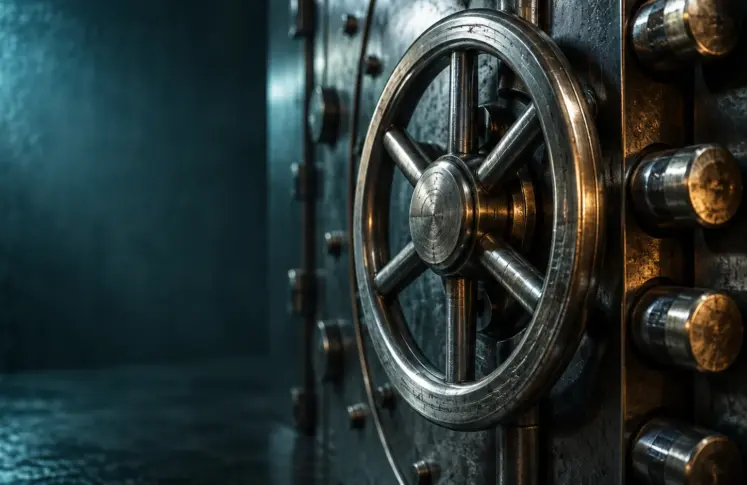 Close up of the steel locking wheel and bolts on an old bank vault door, lit in cool teal with warm reflections on the bolt heads