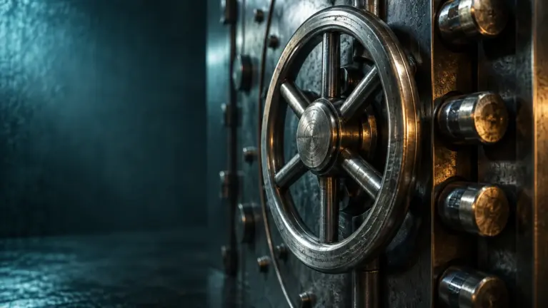 Close up of the steel locking wheel and bolts on an old bank vault door, lit in cool teal with warm reflections on the bolt heads