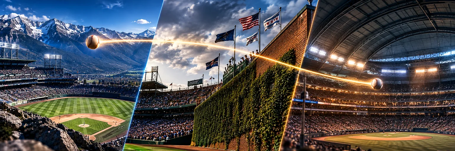 A high altitude ballpark, a windy ivy covered park and a stadium with a closed roof side by side