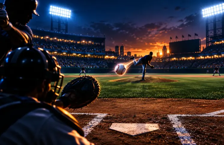 A pitcher releasing the ball towards home plate in a floodlit baseball stadium