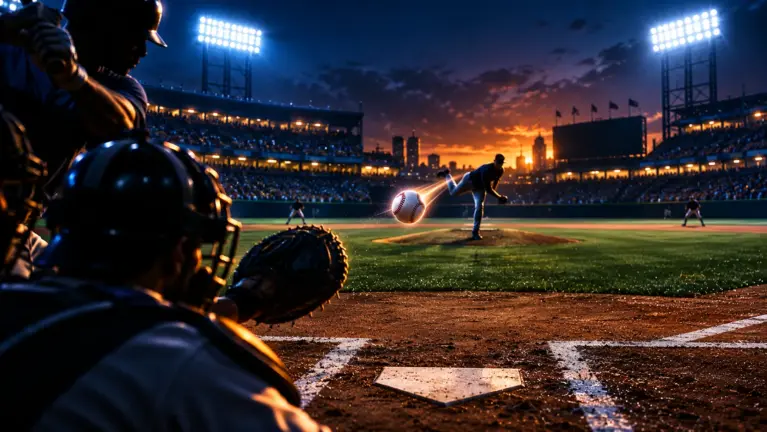 A pitcher releasing the ball towards home plate in a floodlit baseball stadium