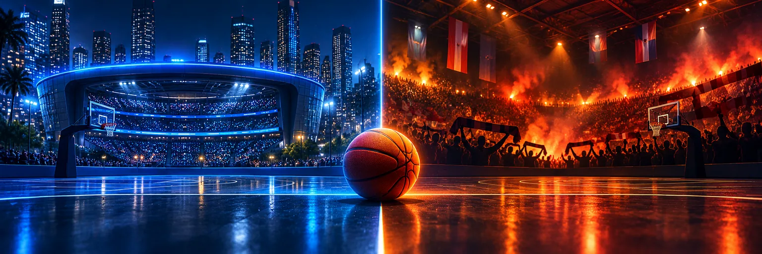 A modern NBA style arena beside a packed European basketball hall with a ball on the dividing line