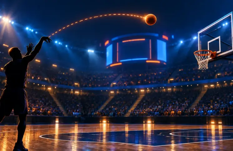 Basketball player shooting towards the hoop in a floodlit arena