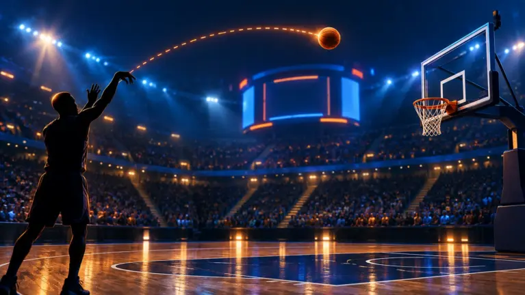 Basketball player shooting towards the hoop in a floodlit arena