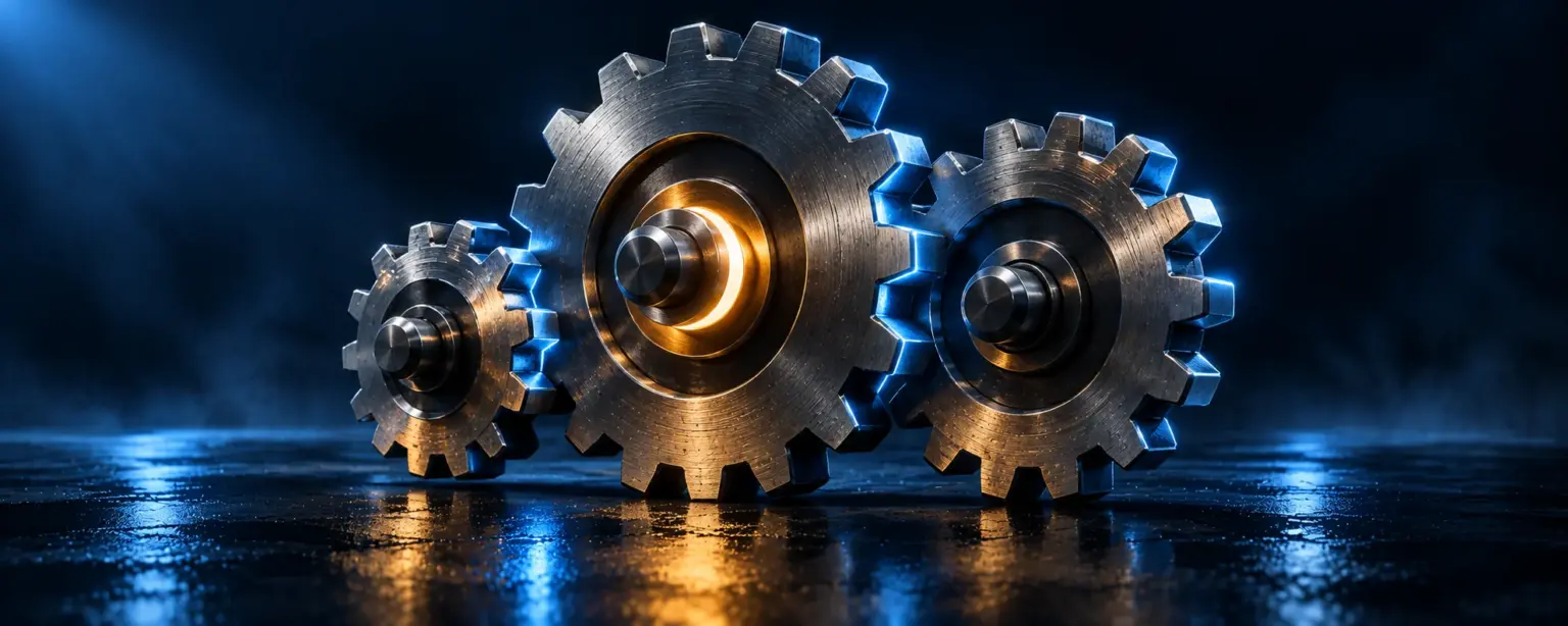 Three steel gears of different sizes turning together, showing conversion between decimal, fractional and American odds