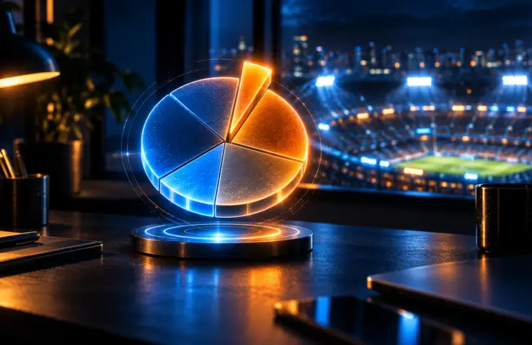 A glowing probability wheel above a desk with a stadium in the background