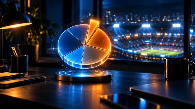 A glowing probability wheel above a desk with a stadium in the background