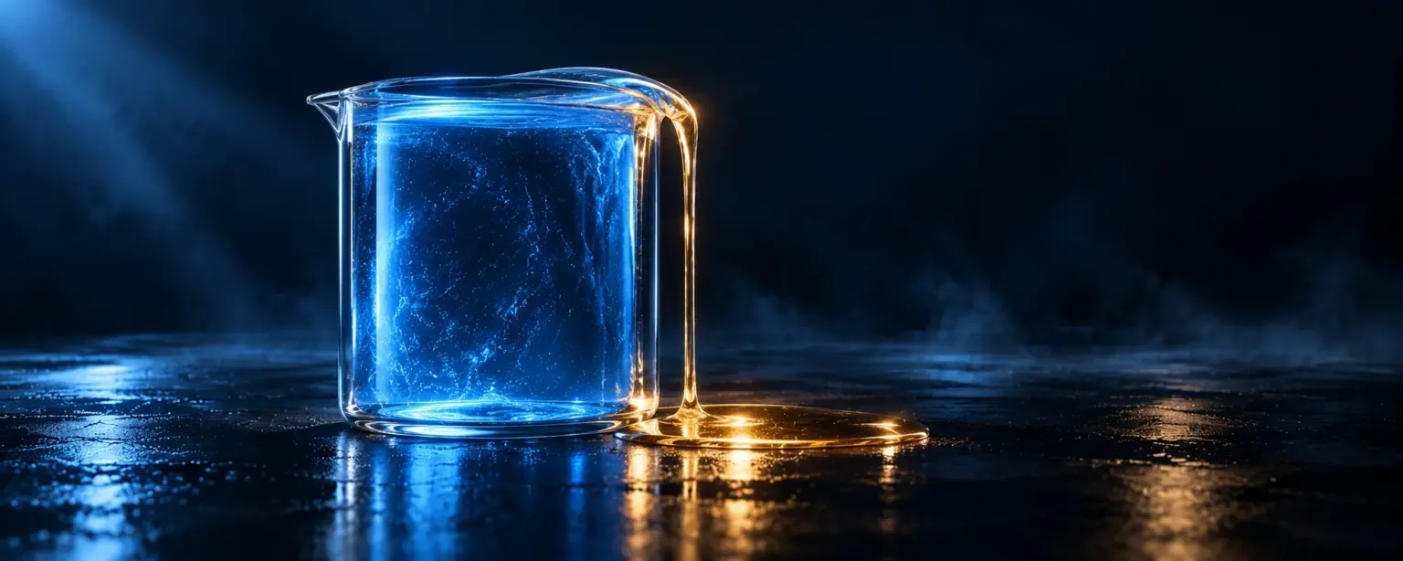 A glass beaker overflowing with a thin gold stream, showing implied probabilities adding up to more than one hundred percent