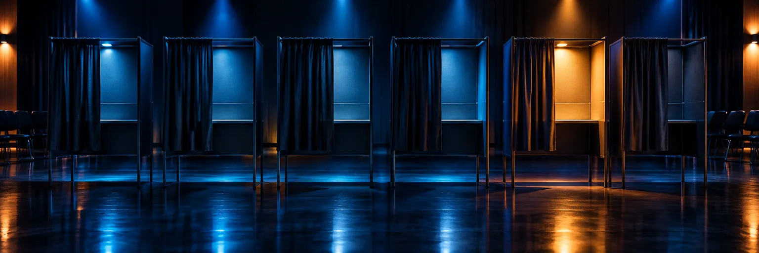 A row of empty voting booths lit in blue with one warm lamp above