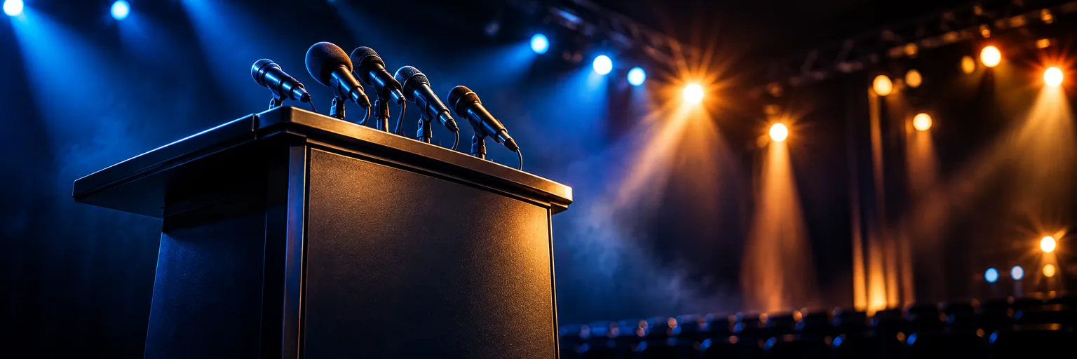 An empty press podium with a cluster of microphones under stage lights
