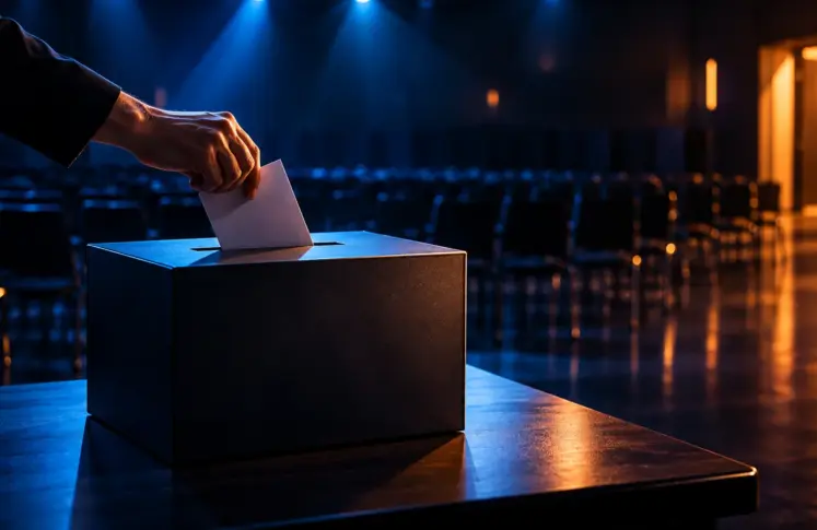 A ballot box in an empty hall at night with a hand posting a folded paper