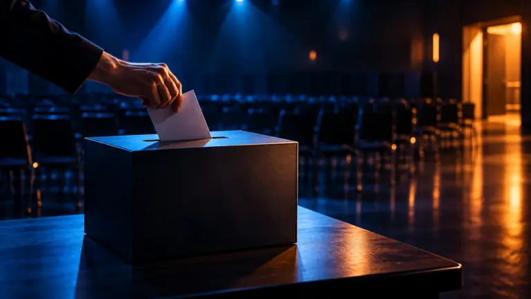 A ballot box in an empty hall at night with a hand posting a folded paper
