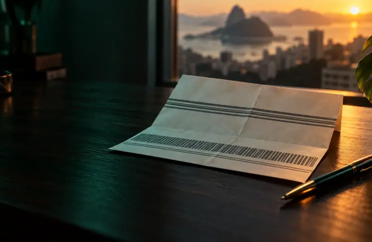 Folded paper payment slip next to a pen on a dark desk