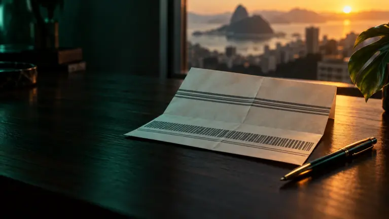 Folded paper payment slip next to a pen on a dark desk