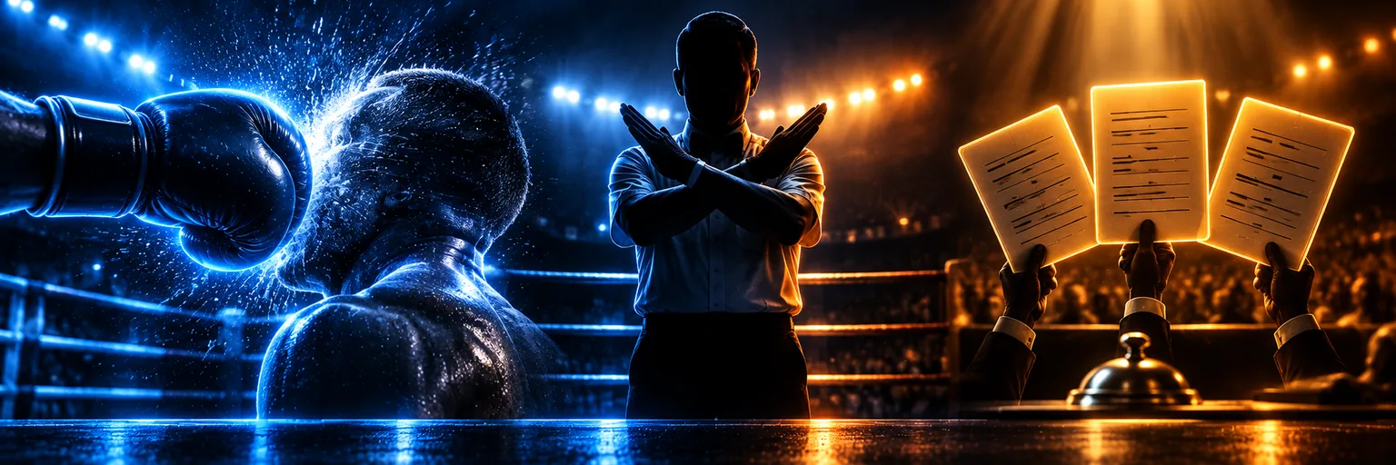 A knockout, a referee stopping the fight and three judges scorecards side by side