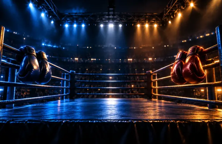 An empty boxing ring at night with gloves resting on the ropes under the light rig