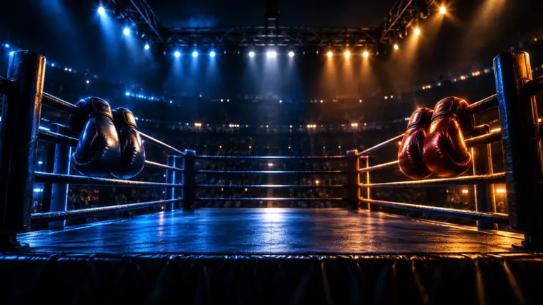 An empty boxing ring at night with gloves resting on the ropes under the light rig