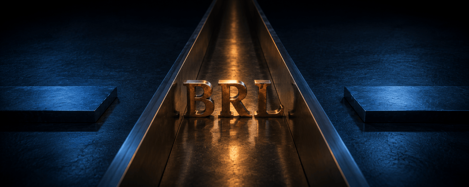 The BRL letterforms travelling inside a narrow steel channel lit amber, with two side approaches stopping dead against the outer wall
