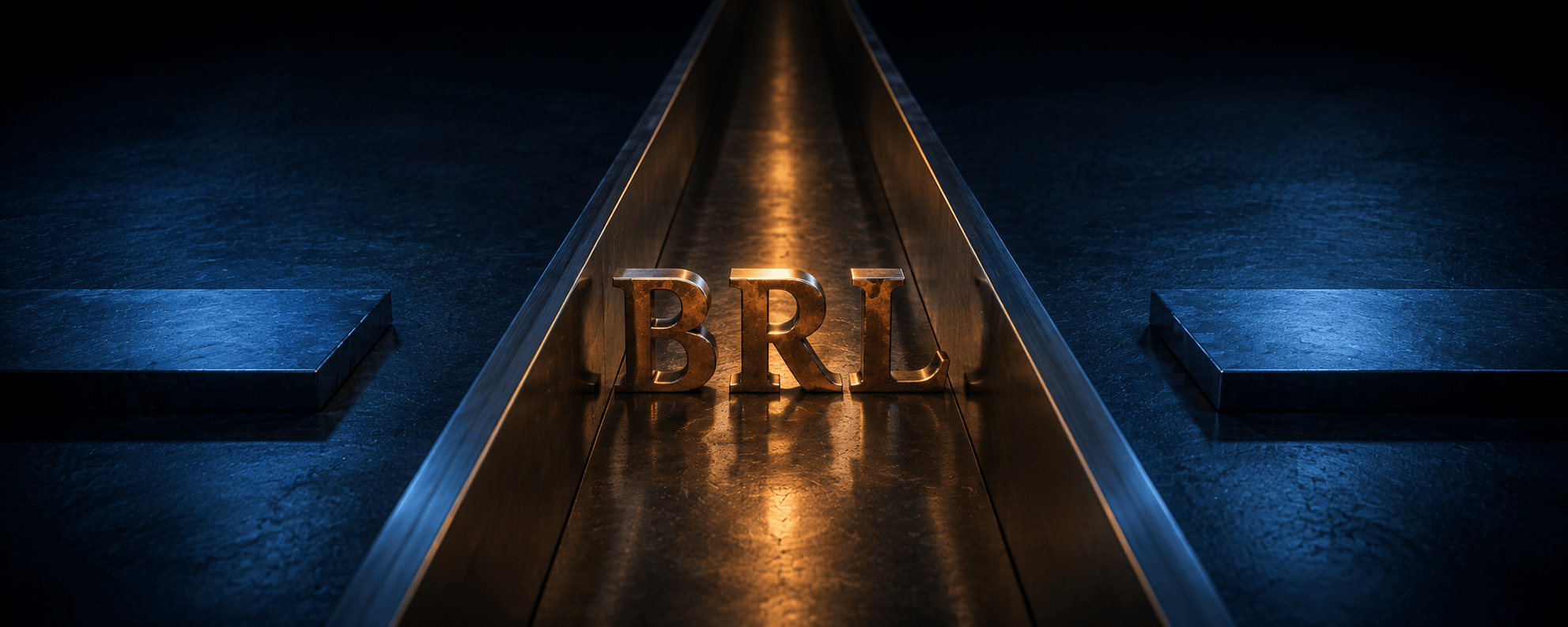 The BRL letterforms travelling inside a narrow steel channel lit amber, with two side approaches stopping dead against the outer wall