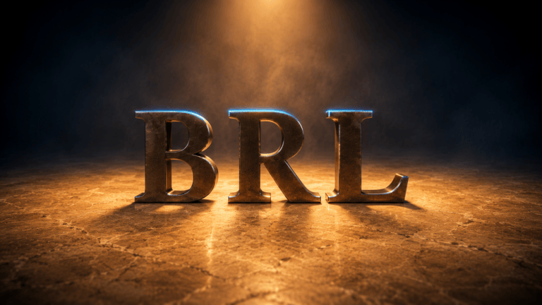 Sculpted bronze letters spelling BRL standing together on one single unbroken sandstone slab under an even beam of amber light