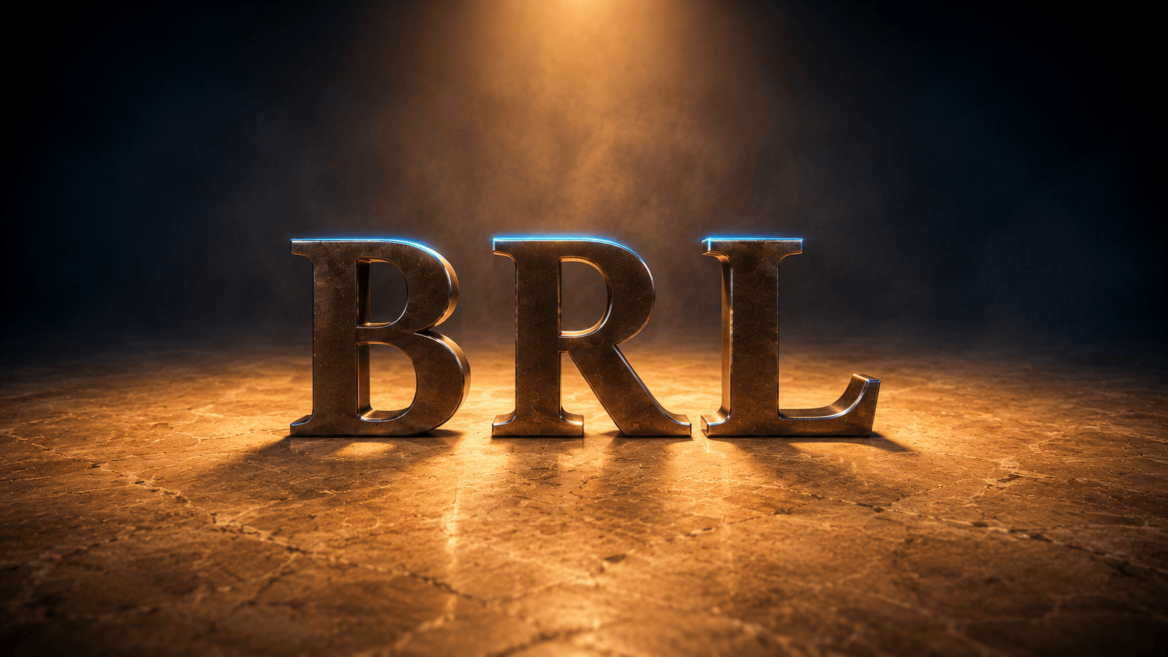 Sculpted bronze letters spelling BRL standing together on one single unbroken sandstone slab under an even beam of amber light