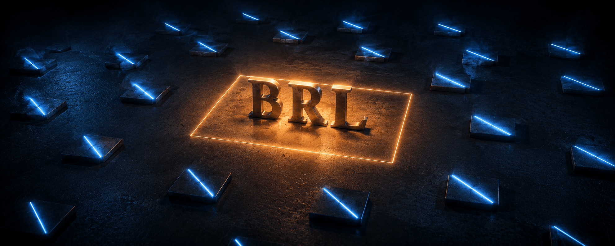 The BRL letterforms standing in one lit rectangular zone on dark concrete, surrounded by empty plinths each struck through with a blue bar