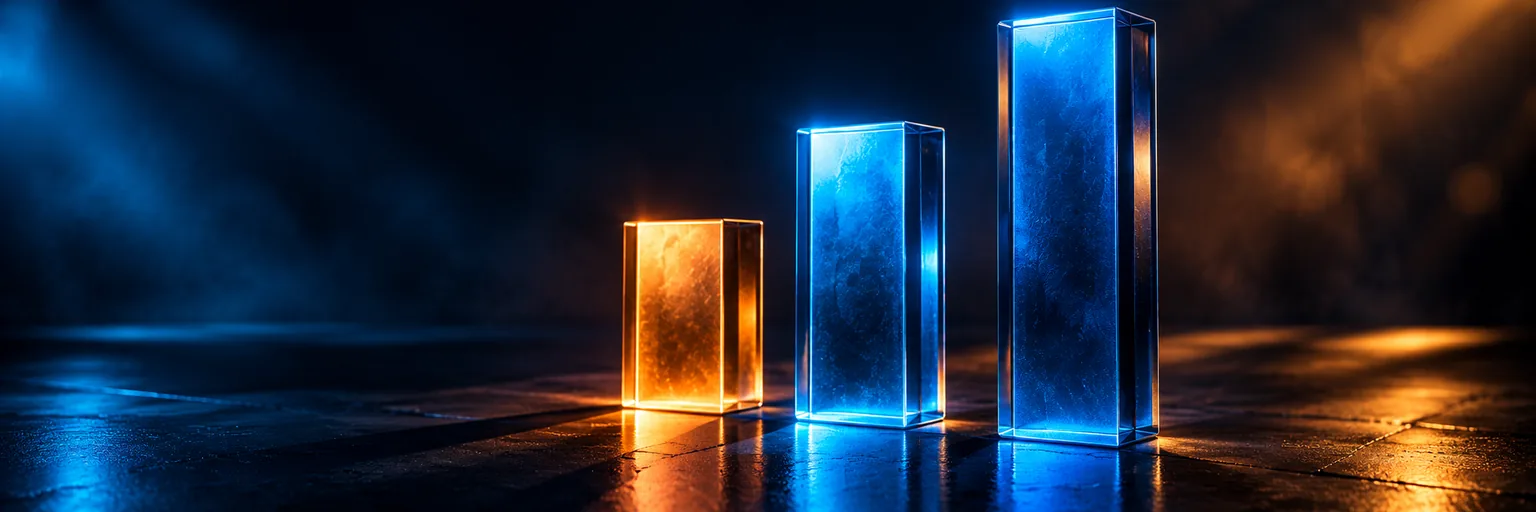 Three glowing glass columns of different heights on a dark reflective floor