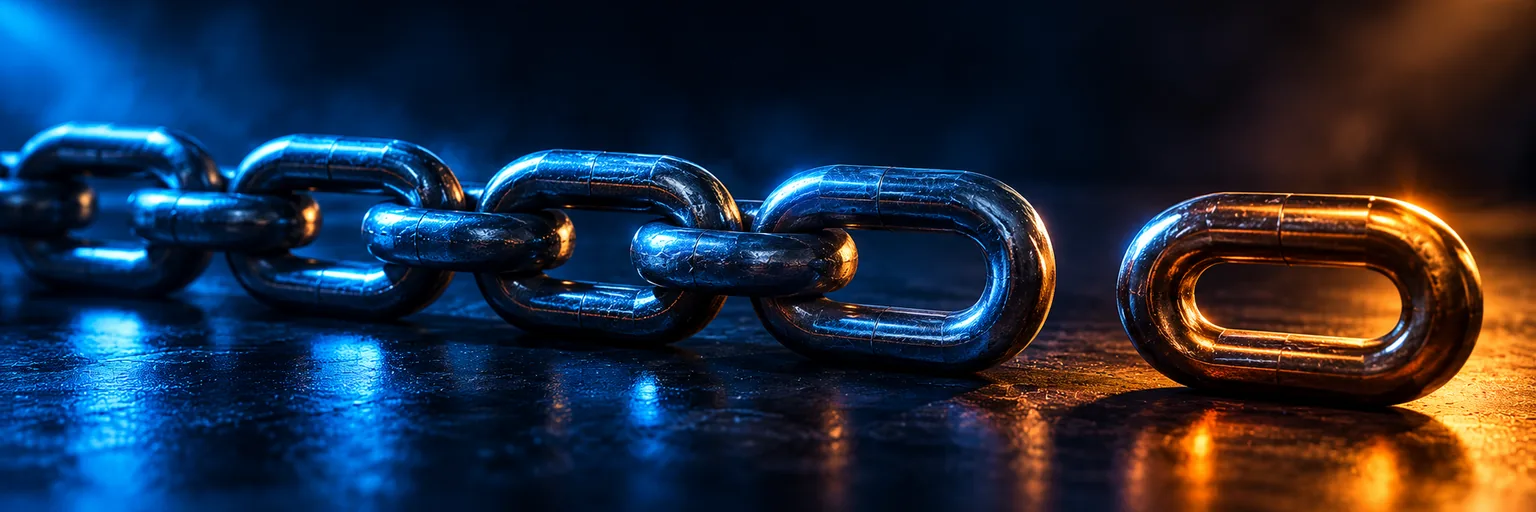A row of heavy chain links on a dark surface with the last link lit apart from the rest