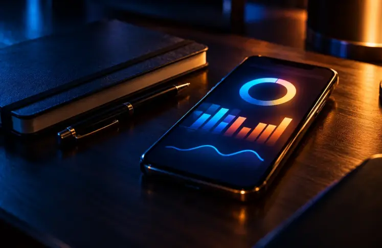 A phone on a dark desk showing a glowing chart and dial beside a notebook and pen