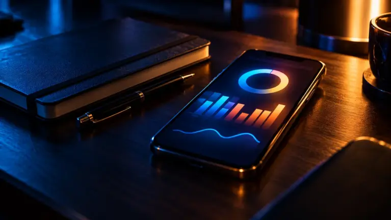 A phone on a dark desk showing a glowing chart and dial beside a notebook and pen
