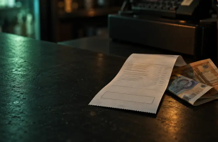 A paper shop receipt with a blank barcode box next to folded euro banknotes on a dark counter, a till blurred behind