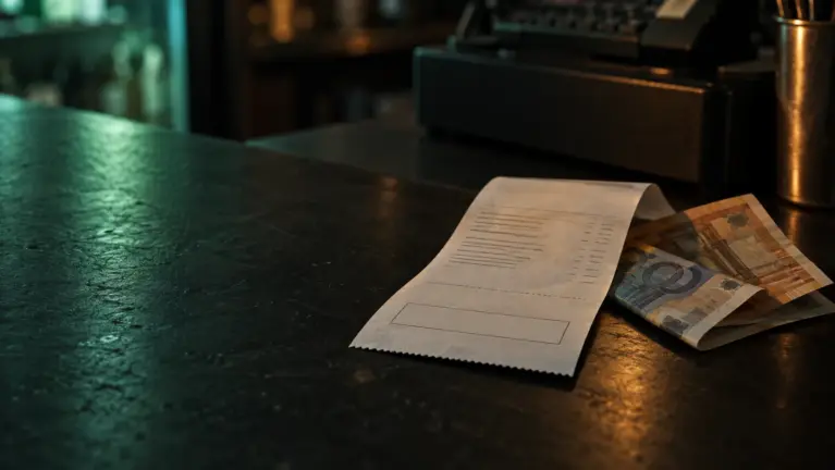 A paper shop receipt with a blank barcode box next to folded euro banknotes on a dark counter, a till blurred behind