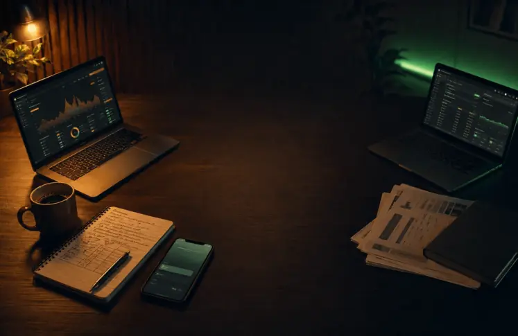 Two laptops on a dark wooden desk at night beside a handwritten notebook and a phone, lit by warm amber light from the left