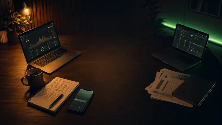 Two laptops on a dark wooden desk at night beside a handwritten notebook and a phone, lit by warm amber light from the left