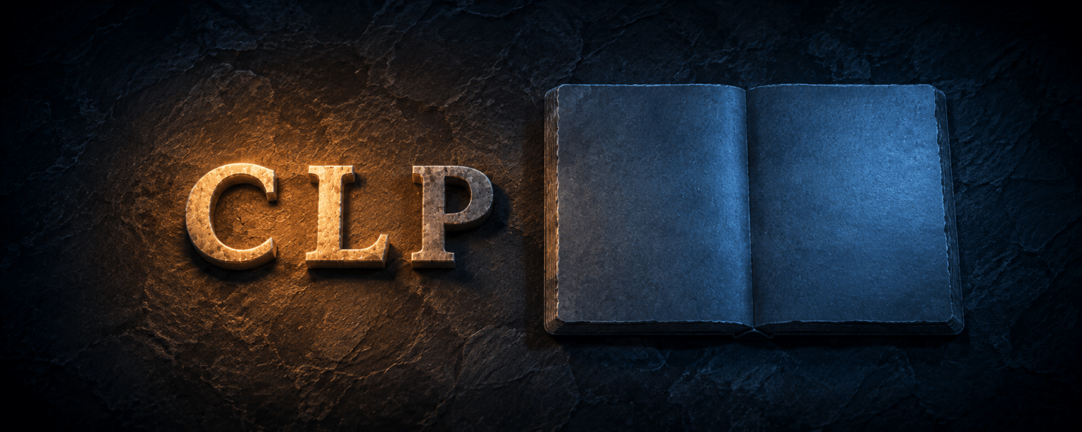 The CLP letterforms lying on slate beside an open stone slab whose surface is completely smooth and blank