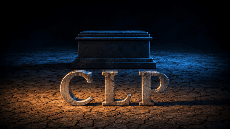 Sculpted zinc letters spelling CLP on a cracked salt flat, lit amber, with an empty dark pedestal standing behind them in blue shadow