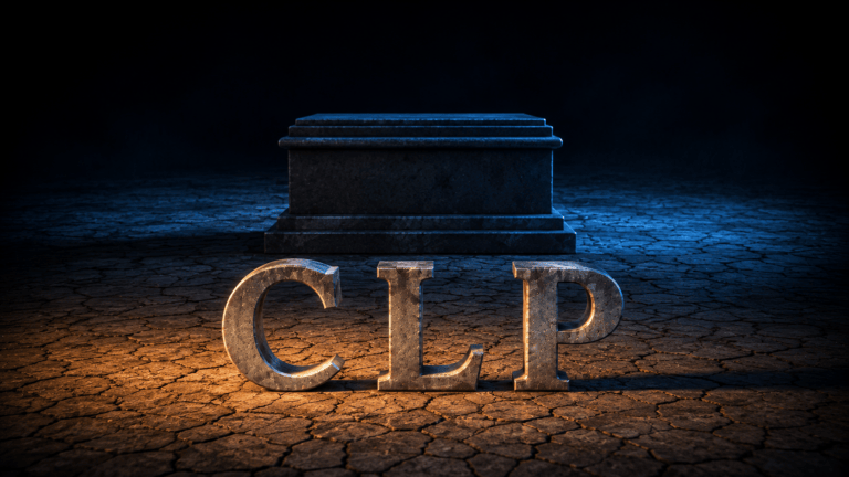 Sculpted zinc letters spelling CLP on a cracked salt flat, lit amber, with an empty dark pedestal standing behind them in blue shadow