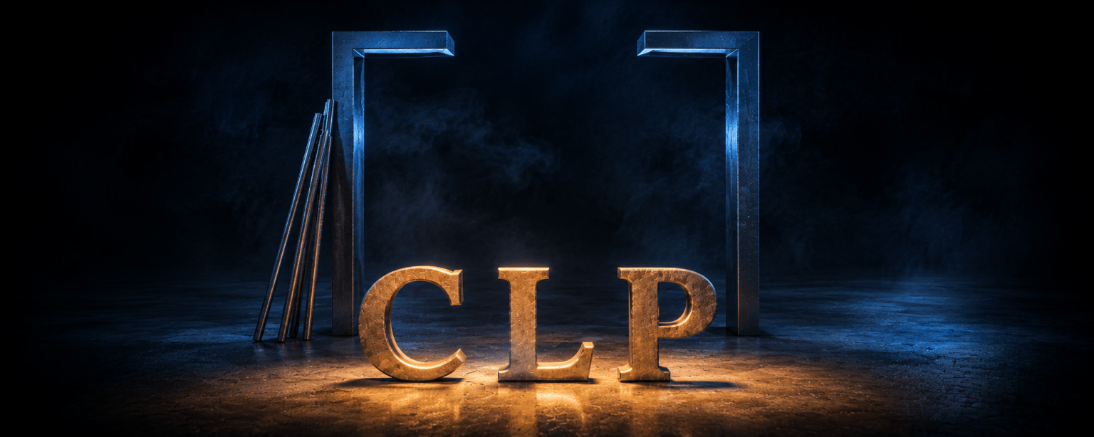 The CLP letterforms waiting in front of a steel doorway frame with no door and a missing lintel, unused scaffolding leaning against it