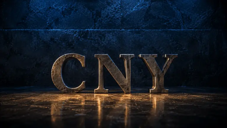 Sculpted iron letters spelling CNY lit amber on dark granite, with a solid unbroken stone wall rising directly behind them