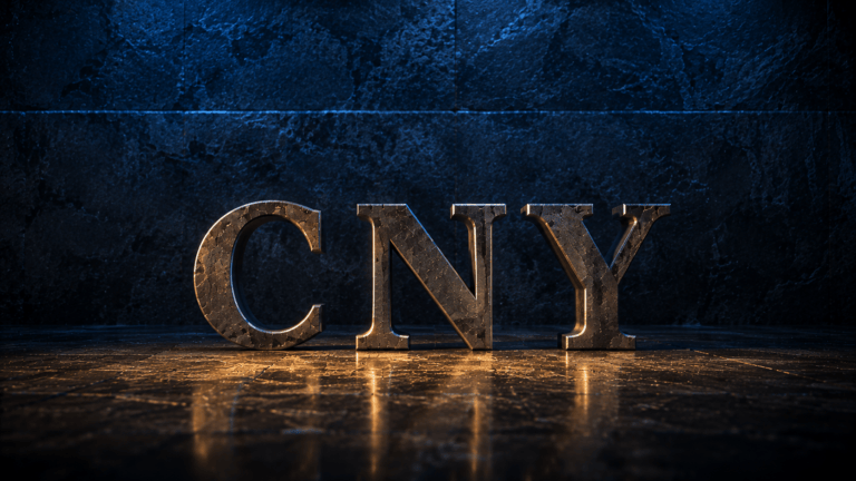 Sculpted iron letters spelling CNY lit amber on dark granite, with a solid unbroken stone wall rising directly behind them