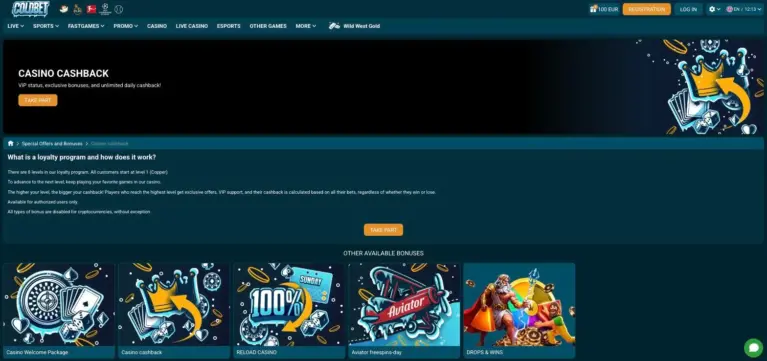 Casino cashback loyalty program with eight levels starting at Copper