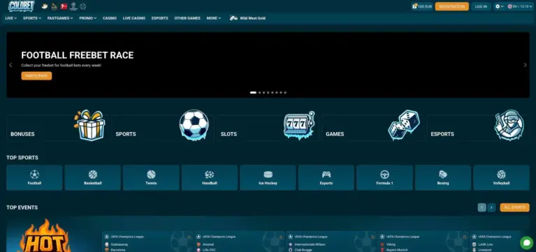 Home page with shortcuts to bonuses, sports, slots, games and esports
