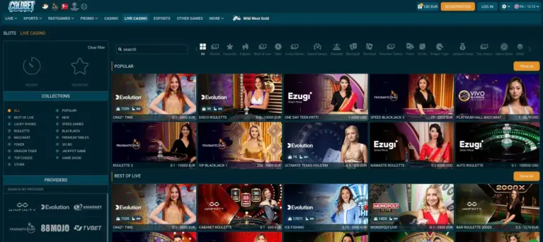 Coldbet Casino live lobby with Evolution, Pragmatic Play Live and Ezugi tables
