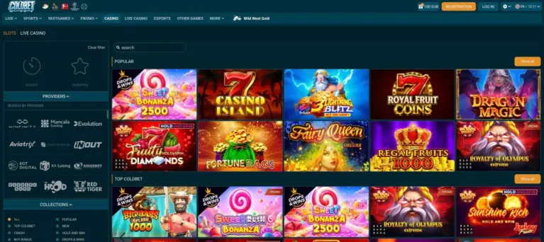 Slots lobby with provider filter, collections and popular games